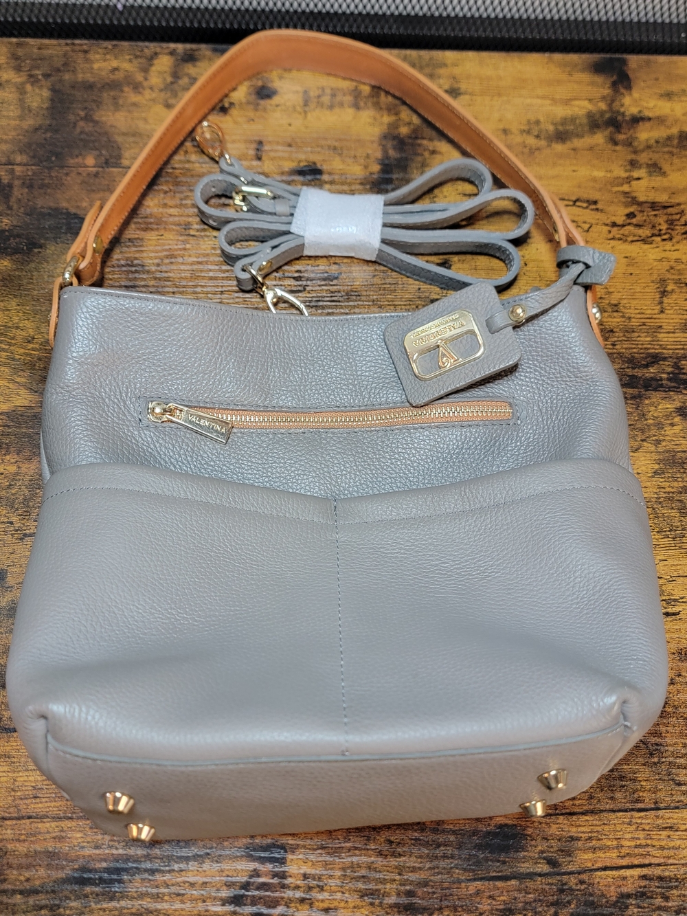 Valentina Genuine Leather Shoulder Bag In Grey And Tan